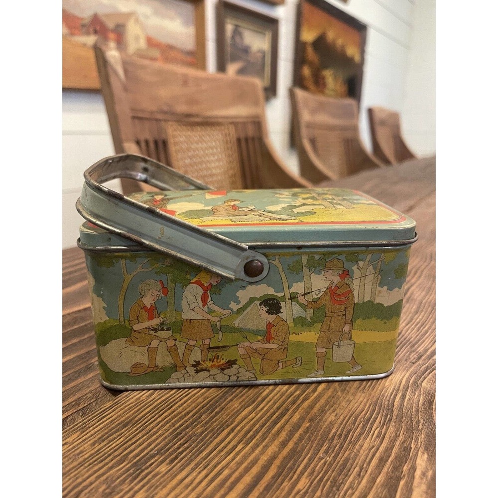 Vintage 1920's Antique Girl Scouts Lunch Box Cookie Litho Tin Hinged Lid Rare